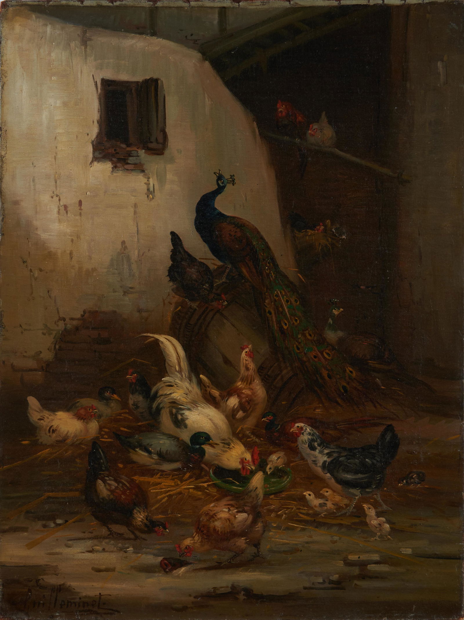 Claude Guilleminet (French, 1821-1860) Barn Scene with Chickens, Ducks, and Peacocks Signed: Claude Guilleminet (French, 1821-1860) Barn Scene with Chickens, Ducks, and Peacocks Signed 'Guilleminet' lower left. Oil on canvas, 25 1/2 x 19 1/4 in. (64.8 x 49.0 cm), unframed.