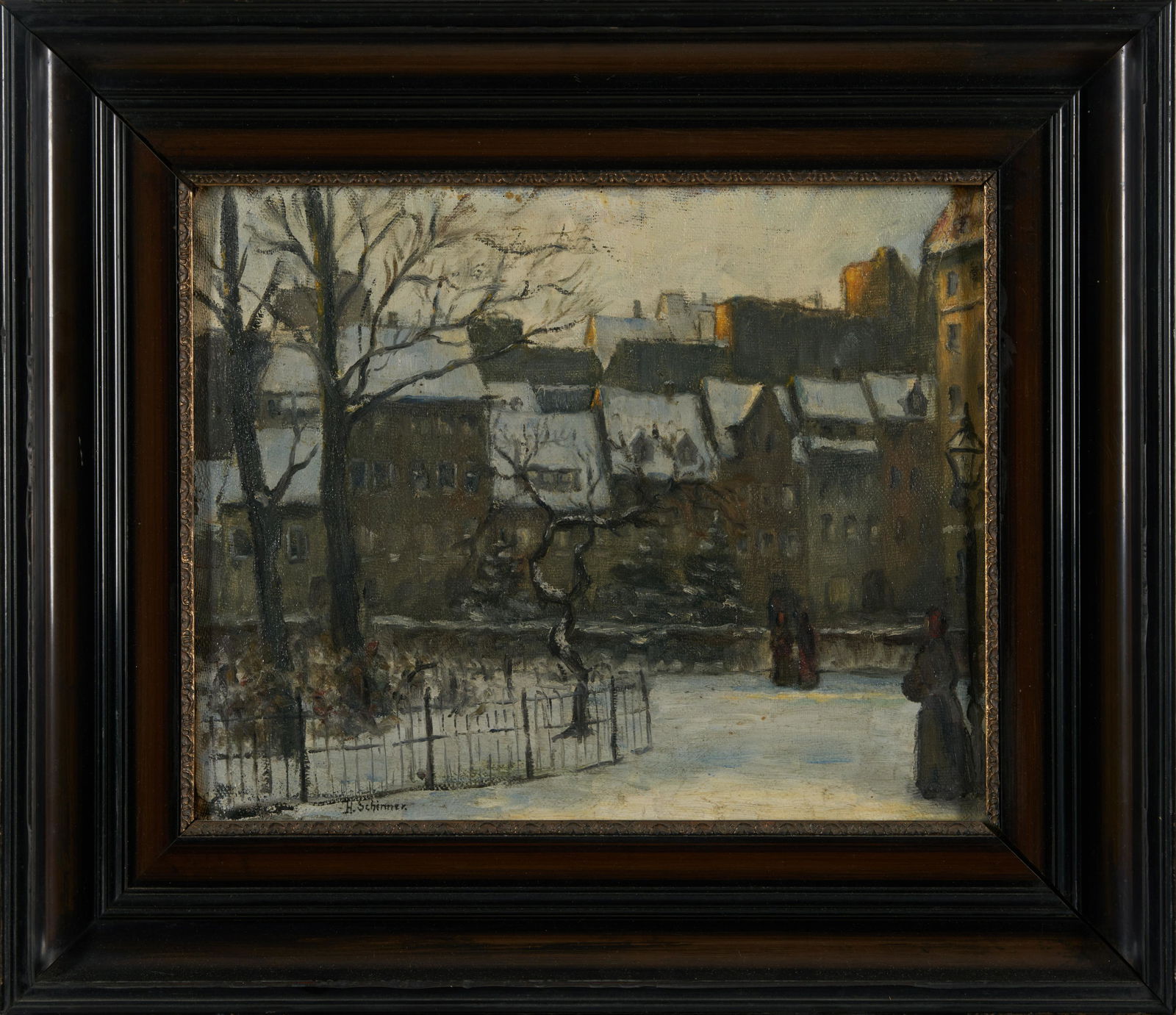 Hans Schirmer (20th Century) Houses in Dresden Signed 'H. Schirmer' lower left. Oil on canvas board: Hans Schirmer (20th Century) Houses in Dresden Signed 'H. Schirmer' lower left. Oil on canvas board (oil sketch on the verso), 11 3/4 x 14 1/2 in. (29.8 x 36.9 cm), framed.