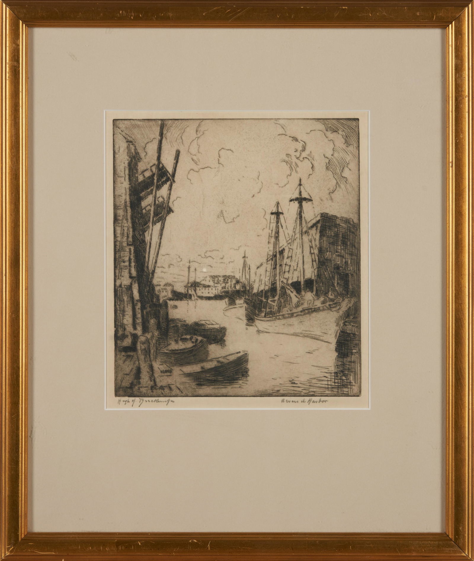 Hugh Henry Breckenridge (American, 1870-1937) Across the Harbor Signed and titled 'Hugh H.: Hugh Henry Breckenridge (American, 1870-1937) Across the Harbor Signed and titled 'Hugh H. Breckenridge...' in pencil along the lower margin. Etching on paper, 8 x 7 1/8 in. (20.3 x 18.1 cm), framed.