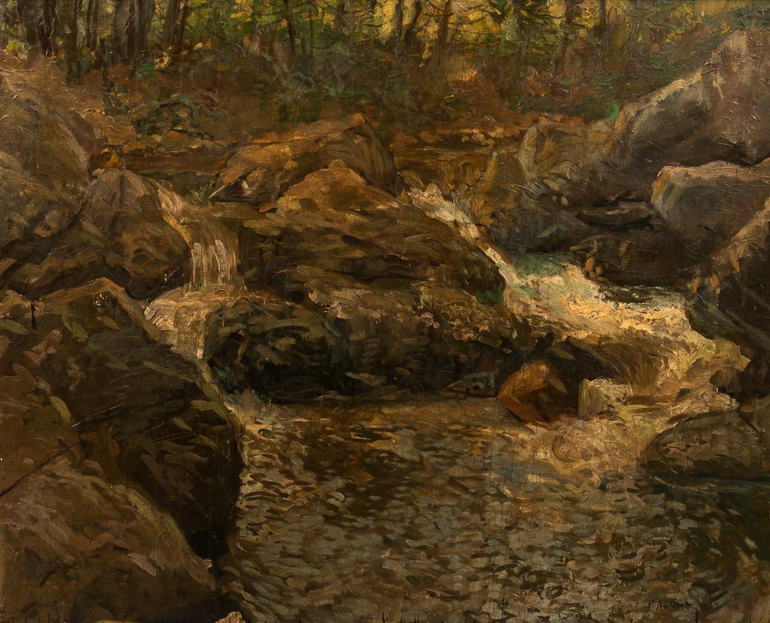 Attributed to Philip Adams (American, b. 1881) Forest Stream signed and dated 'P. Adams 1922' (lower: Attributed to Philip Adams (American, b. 1881) Forest Stream signed and dated 'P. Adams 1922' (lower right) oil on board 20 x 24 1/2 in. framed 23 x 27 1/2 in. Footnotes Provenance: Skinner Sale 2422