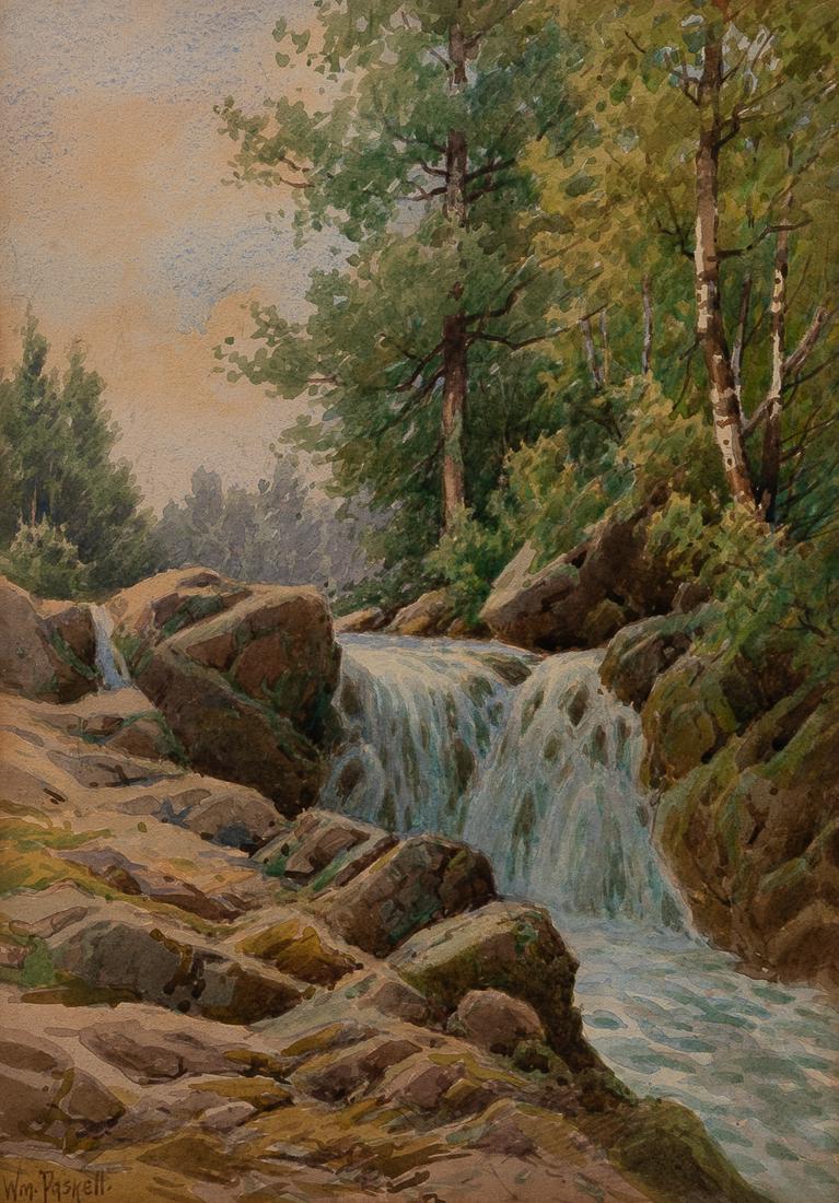 William Frederick Paskell (American, 1866-1951) Mountain Stream in New England Signed 'WM. Paskell': William Frederick Paskell (American, 1866-1951) Mountain Stream in New England Signed 'WM. Paskell' lower left. Watercolor on paper, 14 x 9 3/4 in. (35.5 x 23). framed.