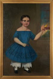 American School, Mid-19th Century. Portrait of a Girl in a Blue Dress with a Canary. Canvas, ht. 43,