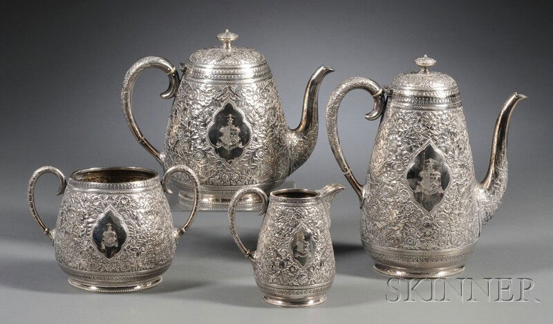 Four-piece Fenton Bros. Silver Plate Tea and Coffee: Four-piece Fenton Bros. Silver Plate Tea and Coffee Set, Sheffield, England, mid to late 19th century, comprised of egg-shaped coffeepot, teapot, creamer, and open sugar, all heavily embossed with ove