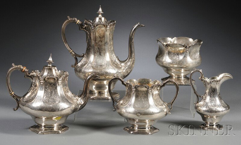 Five-piece Assembled Victorian Acid-etched Silver T: Five-piece Assembled Victorian Acid-etched Silver Tea and Coffee Service, Sheffield, 1851, maker's mark R&S to four pieces, the waste bowl with marks for Thomas Henry Francis & Frederick Francis, Lond