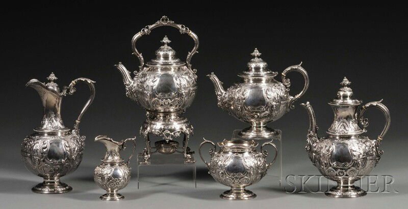 Six-piece Victorian Silver Tea and Coffee Service,: Six-piece Victorian Silver Tea and Coffee Service, Sheffield, 1899-1900, Martin Hall & Co., makers, comprised of pear-shaped coffeepot and creamer, squat round teapot, open sugar, kettle on stand, and