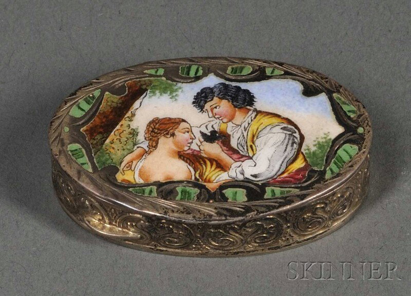 Italian Sterling and Enamel Patch or Snuff Box, Fl: Italian Sterling and Enamel Patch or Snuff Box, Florence, mid-20th century, marked inside the box, the small oval box with overall chased and engraved scrollwork and foliate decoration, the lid with a