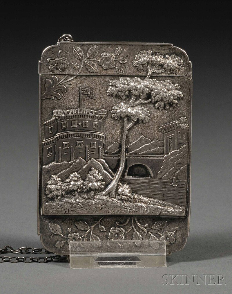 Leonard & Wilson Coin Silver Calling Card Case wit: Leonard & Wilson Coin Silver Calling Card Case with Chain, Philadelphia, c. 1850, with scenes of castles, trees, and bridges to both sides done in heavy relief, with lower relief embossed floral and f