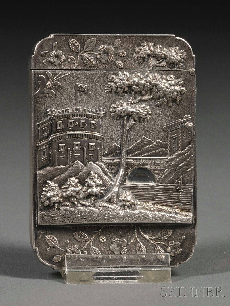 Leonard & Wilson Coin Silver Calling Card Case, Ph: Leonard & Wilson Coin Silver Calling Card Case, Philadelphia, c. 1850, with scenes of castles, trees, and bridges to both sides done in heavy relief, with lower relief embossed floral and foliate deco