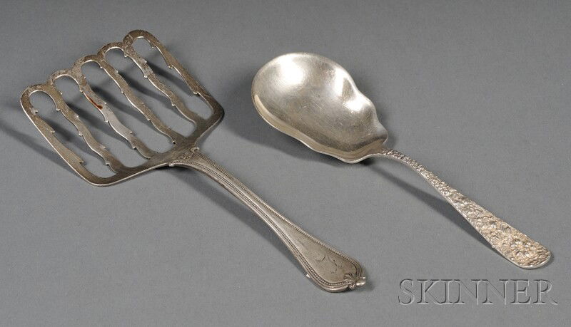 Two American Sterling Flatware Servers, a Towle "O: Two American Sterling Flatware Servers, a Towle "Old Newbury" asparagus fork and a Stieff "Rose" berry spoon, approx. 6.6 troy oz.