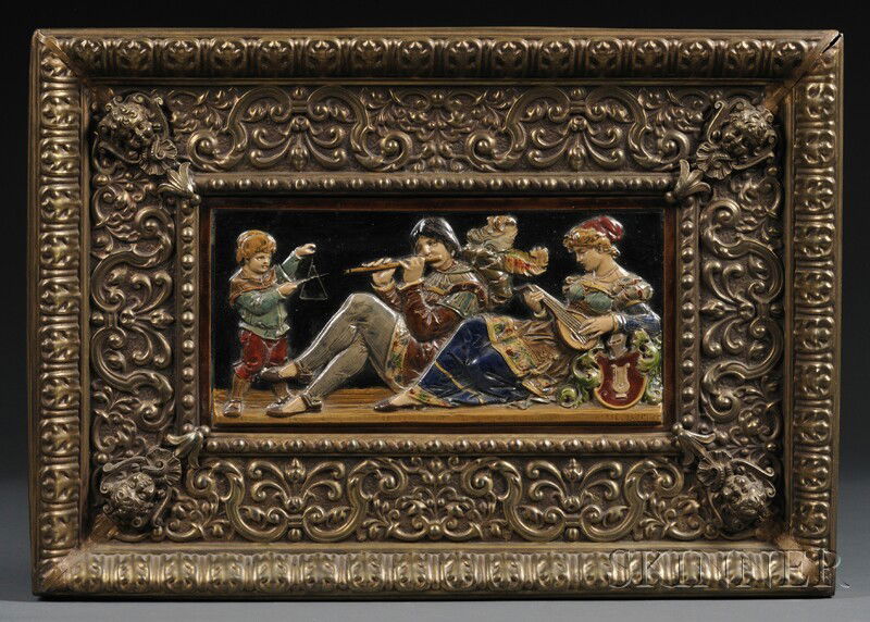 Wilhelm Schiller & Sons-style Majolica Relief Plaq: Wilhelm Schiller & Sons-style Majolica Relief Plaque, Germany, late 19th century, polychrome glazed and depicting a group of musicians, signed "...Borner" lower right, framed, plaque size 5 3/4 x 11 5