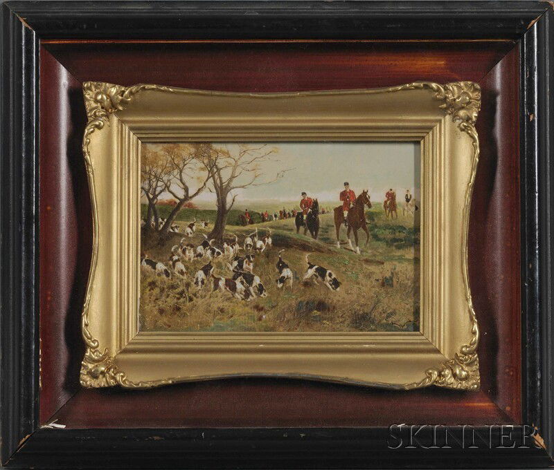 British School, 19th/20th Century, The Hunt, Horse: British School, 19th/20th Century The Hunt, Horses and Hounds Unsigned. Oil on panel, 4 x 5 3/4 in. (10.0 x 14.7 cm), in a shadow box frame. Condition: Retouch, craquelure.