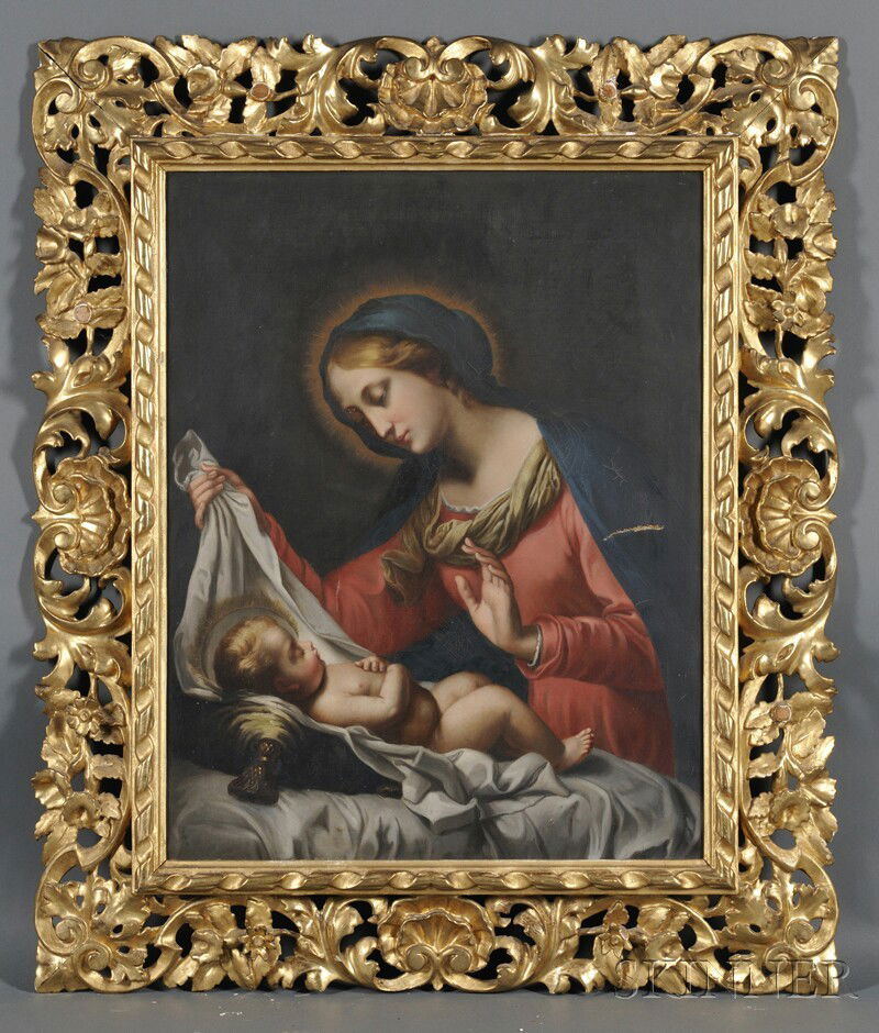 Continental School, 19th Century, Madonna and Chil: Continental School, 19th Century Madonna and Child, A Copy in the Manner of Correggio Unsigned. Oil on canvas, 24 x 19 in. (61.0 x 48.0 cm), in a hand-carved frame. Condition: Tear, abrasion, craquelu