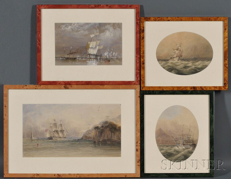 British School, 19th Century, including Oswald Wal: British School, 19th Century, including Oswald Walters Brierly (British, 1817-1894) Four Nautical Watercolors One inscribed, dated, and initialed "H.M.S. Emerald/Febry. 1860 R.S.R." l.r., one signed a