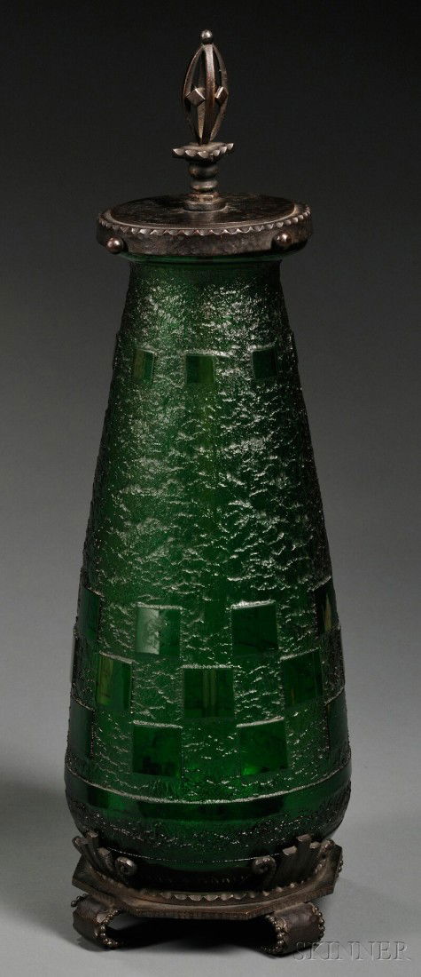 Daum Nancy Art Deco Wrought Iron-mounted Emerald G: Daum Nancy Art Deco Wrought Iron-mounted Emerald Green Glass Lamp Base, France, c. 1930, mottled glass body with pattern of acid-etched squares, signed "Daum (Cross of Lorraine) Nancy France," with wr