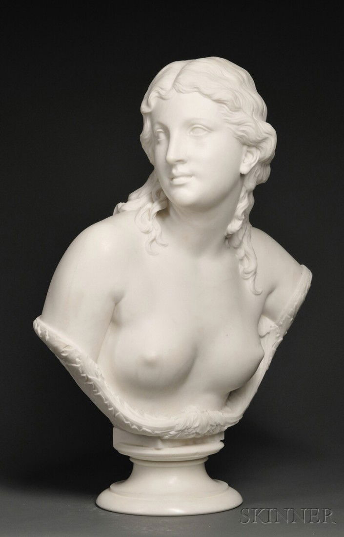 Thomas Ball (American, 1819-1911) Nude Bust of a Y: Thomas Ball (American, 1819-1911) Nude Bust of a Young Woman, white marble, accented with carved foliage and berries, impressed "T. BALL 1872" on the reverse, bust ht. 25, socle ht. 5 in.
