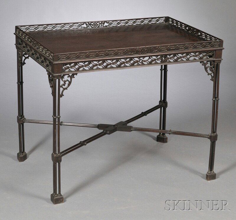 Edwardian Mahogany Silver Table, England, early 20: Edwardian Mahogany Silver Table, England, early 20th century, the rectangular top with openwork gallery and blind fret-carved frieze, on clustered columnar legs joined by conforming X-form stretcher, 