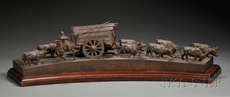 Bronze Figure of a Cattle-drawn Wagon, South Ameri: Bronze Figure of a Cattle-drawn Wagon, South America, 19th/20th century, with the cattle and a horseback rider struggling to free the wagon from mud, with brown and rust red patina, signed indistinctl