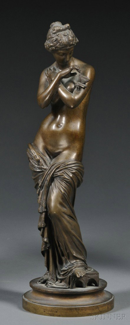 After Jean-Jacques, Called James Pradier (Swiss, 1: After Jean-Jacques, Called James Pradier (Swiss, 1790-1852) Classical Female Nude with Butterfly, France, 19th century, the circular base with incised signature, ht. 16 1/2 in.