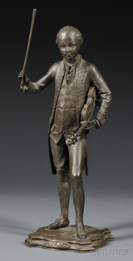 Paul Paulin (French, 1852-1937) Mozart, chocolate: Paul Paulin (French, 1852-1937) Mozart, chocolate brown patina, depicting the composer as a young virtuoso playing the violin, on shaped base incised Paulin and Austria, ht. 26 in.