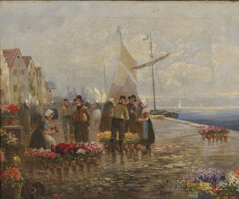 Continental School, 19th/20th Century, Dutch Flowe: Continental School, 19th/20th Century Dutch Flower Market Signed "A. Gregor" l.r. Oil on canvas, 18 1/8 x 21 7/8 in. (46.0 x 56.0 cm), framed. Condition: Lined, retouch, craquelure, scattered abrasion