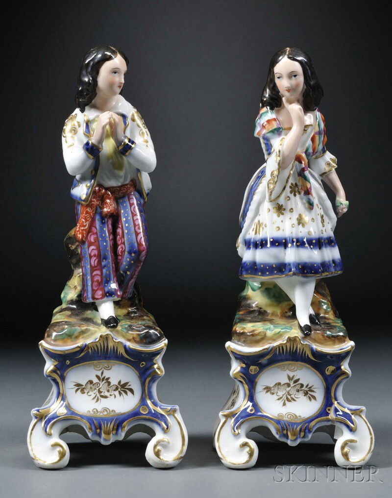 Pair of Jacob Petit-style Paris Porcelain Figural: Pair of Jacob Petit-style Paris Porcelain Figural Scent Bottles, France, c. 1840, each polychrome enameled and gilded, modeled as a peasant boy and girl concealing lidded compartments, on scrolled bas