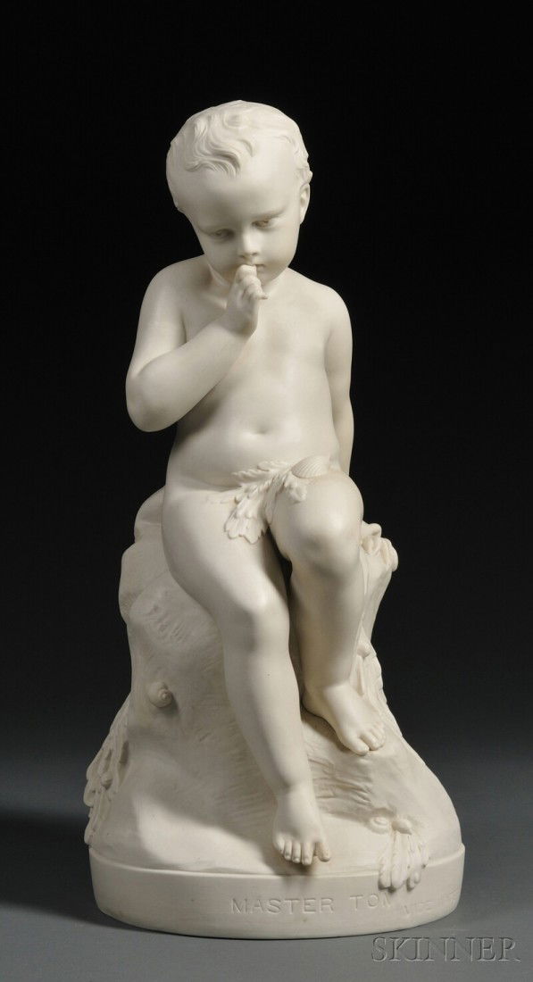 Copeland Parian Figure of Master Tom, England, c.: Copeland Parian Figure of Master Tom, England, c. 1872, modeled by Joseph Durham, the small boy seated on a rocky outcropping strewn with shells and seaweed, on circular base titled and inscribed "VID