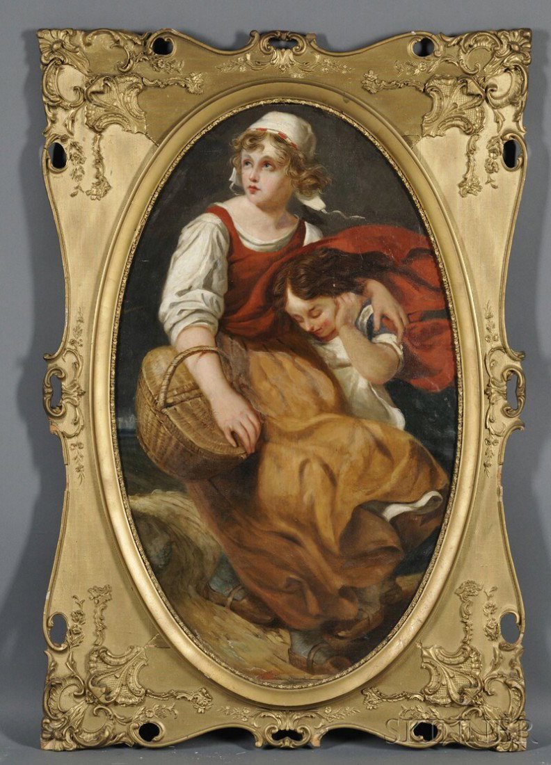 Continental School, 19th Century, Sheltering from: Continental School, 19th Century Sheltering from the Storm Unsigned. Oil on canvas, 29 x 18 in. (74.0 x 45.5 cm), in an oval format, framed. Condition: Canvas trimmed and laid on Masonite, scattered m