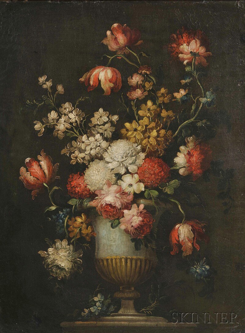 European School, 19th Century, Dutch-style Floral: European School, 19th Century Dutch-style Floral Still Life in a Classical Urn Unsigned. Oil on canvas, 28 1/2 x 21 1/2 in. (72.2 x 54.7 cm), framed. Condition: Lined, scattered retouch, old repair l.