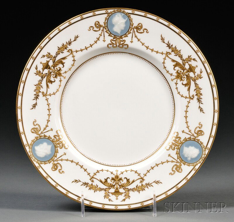 Ten Minton Porcelain Pate-sur-Pate Decorated Plate: Ten Minton Porcelain Pate-sur-Pate Decorated Plates, England, c. 1916, each with raised gold floral and foliate festoon between pale blue medallions decorated with white slip classical portrait heads,