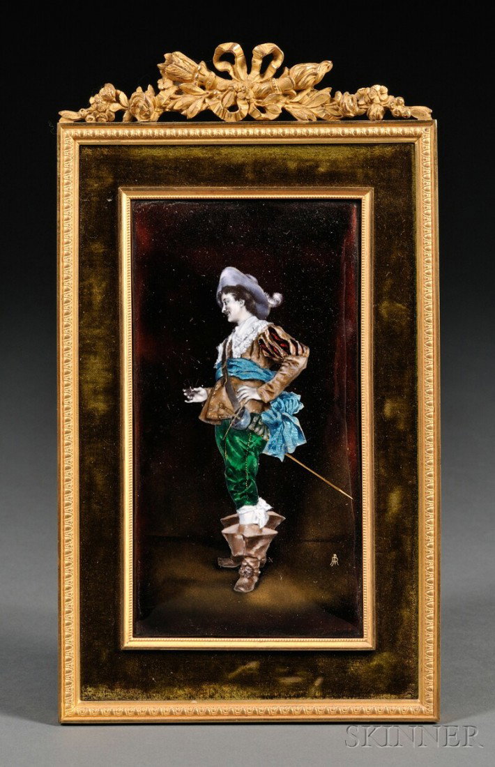 Framed Limoges-style Enamel Plaque, France, 19th c: Framed Limoges-style Enamel Plaque, France, 19th century, rectangular, depicting a cavalier in full length with hand on hip and pipe in hand, monogrammed R.N., unmarked, in ormolu and velvet frame, pl