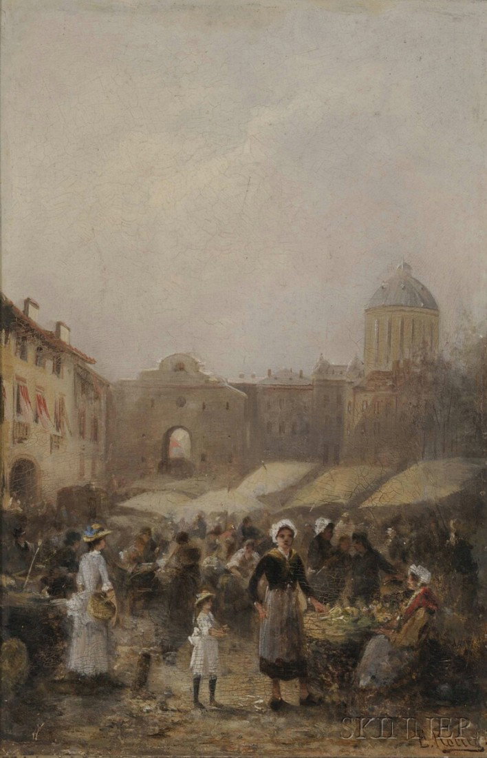 Continental School, 19th Century, Market Scene, Ve: Continental School, 19th Century Market Scene, Verona Signed "E. Rocier" l.r., titled on a label affixed to the reverse. Oil on panel, 12 3/8 x 8 1/4 in. (31.3 x 21.0 cm), framed. Condition: Retouch p