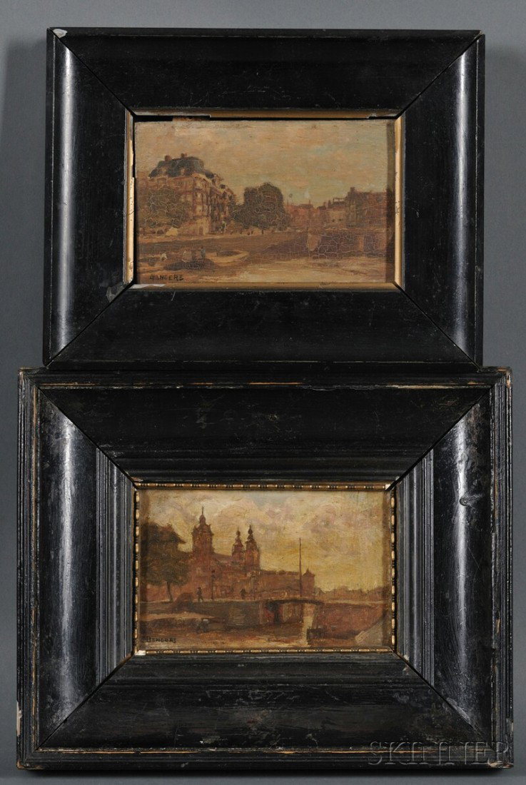 Continental School, 19th/20th Century, Two City Sc: Continental School, 19th/20th Century Two City Scenes Both signed "..anger..." l.l. Both oil on panel, 3 1/2 x 5 1/2 in. (9.0 x 14.0 cm), framed. Condition: Surface grime, one with craquelure.