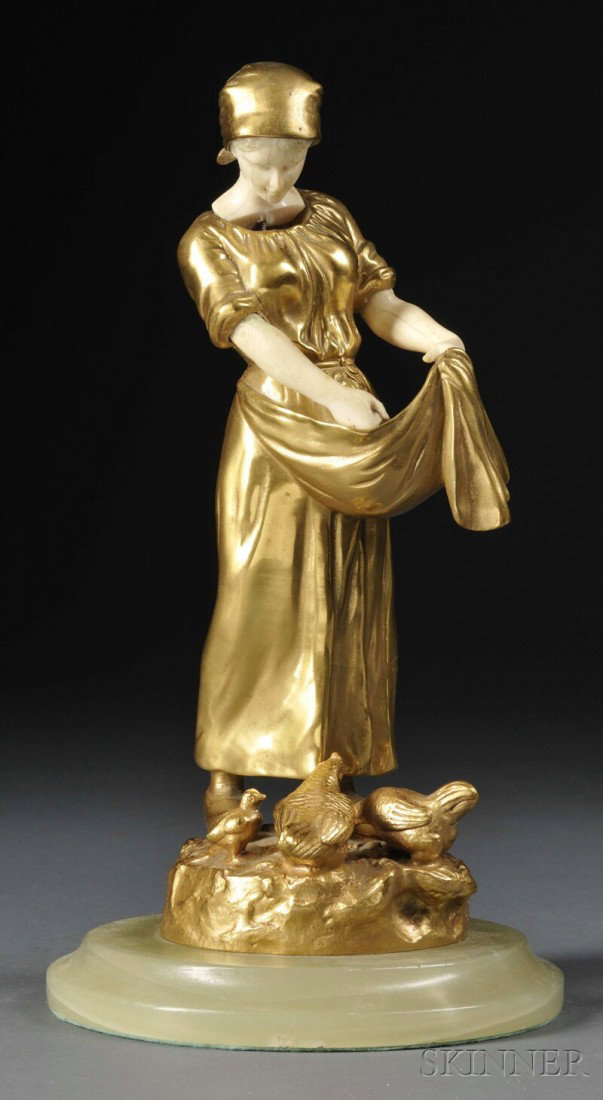 Henryk Kossowski the Younger (Polish, 1855-1921): Henryk Kossowski the Younger (Polish, 1855-1921) Young Woman Feeding Chickens, the bronze and ivory figure on free-form base incised "Salon des Beaux Arts Paris, Kossowski," on green onyx base, bronze