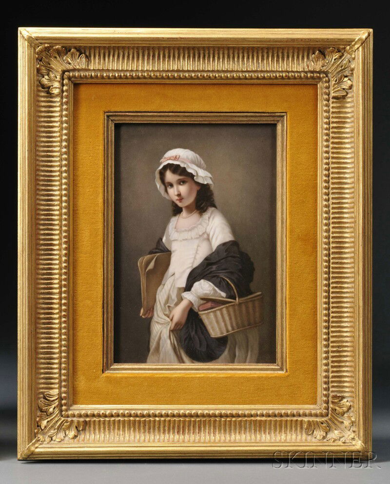 KPM Hand-painted Porcelain Plaque of a Young Girl,: KPM Hand-painted Porcelain Plaque of a Young Girl, Dresden, 19th century, rectangular format, the figure dressed in white and carrying a basket and portfolio, unsigned, with impressed factory mark, fr