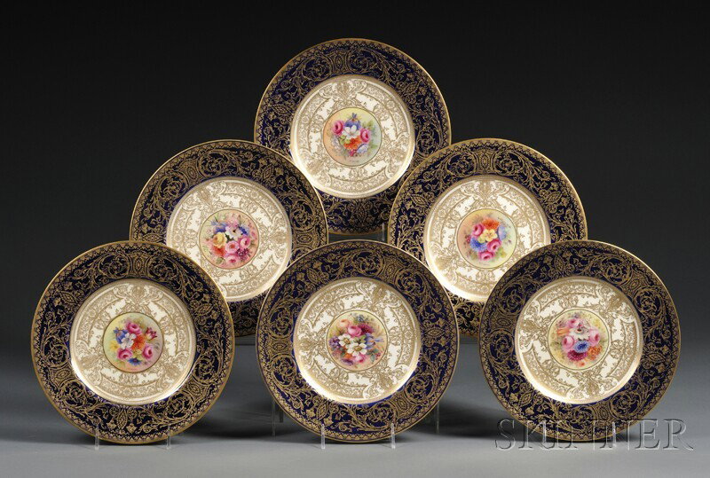 Six Royal Worcester Cabinet Plates, England, 1923-: Six Royal Worcester Cabinet Plates, England, 1923-25, each with polychrome hand-painted flower spray, three signed "S. Stanley," two "E. Darker," and one "E. Phillips," surrounded by border of cream, 
