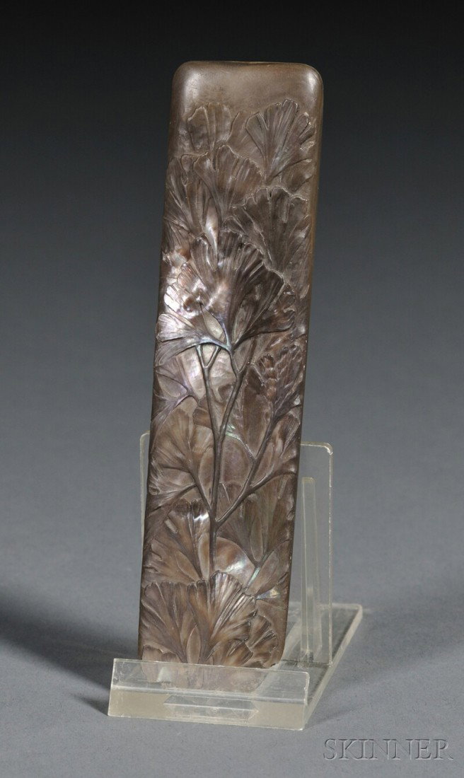 Georges Bastard Art Nouveau Mother-of-pearl Paper: Georges Bastard Art Nouveau Mother-of-pearl Paper Cutter, France, early 20th century, carved with ginkgo leaves and signed "G. BASTARD," lg. 5 1/4 in.