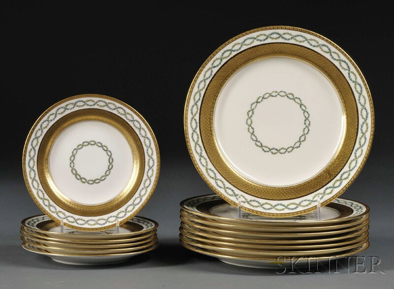 Eight Minton Gilt and Laurel Garland Decorated Por: Eight Minton Gilt and Laurel Garland Decorated Porcelain Plates and Six Saucers, England, c. 1900, retailed by Tiffany & Co., plate dia. 8 13/16, saucer dia. 6 5/16 in.