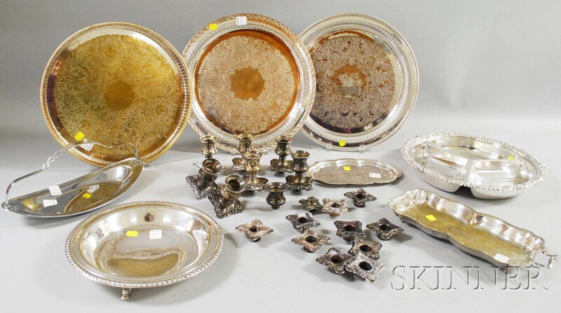 Group of Silver-plated Serving Items and Tableware,: Group of Silver-plated Serving Items and Tableware, including trays, bowls, and dwarf candlesticks.