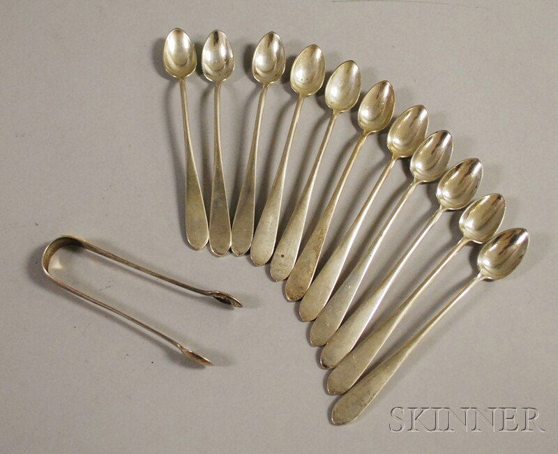 Eleven S. Kirk & Son Sterling Silver Iced Tea Spoon: Eleven S. Kirk & Son Sterling Silver Iced Tea Spoons, together with a pair of George III silver sugar tongs, London, 1801, maker's mark WS, possibly for William Sumner, approx. 17.4 troy oz.