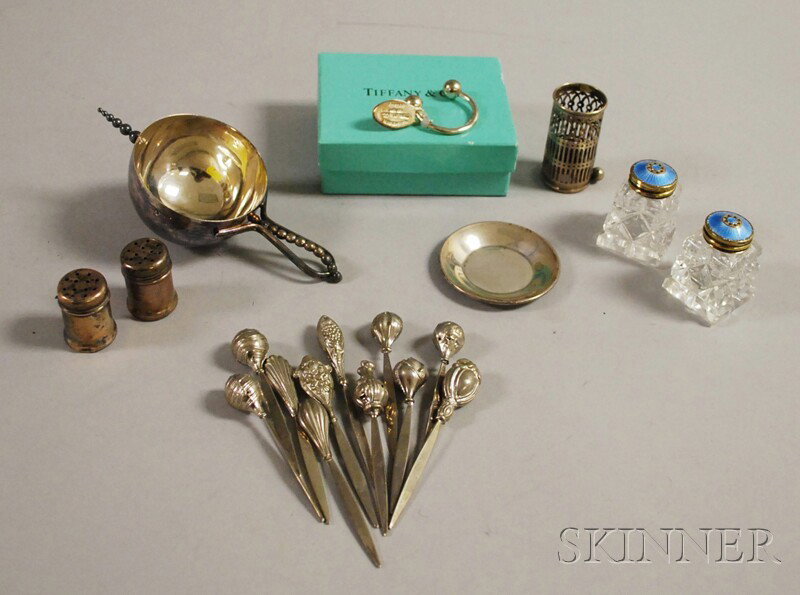 Group of Assorted Small Silver and Silver-plated Ar: Group of Assorted Small Silver and Silver-plated Articles, including a Tiffany & Co. sterling keychain in original box, a silver-plated measuring cup, a pair of Norwegian sterling and enamel-lidded cu