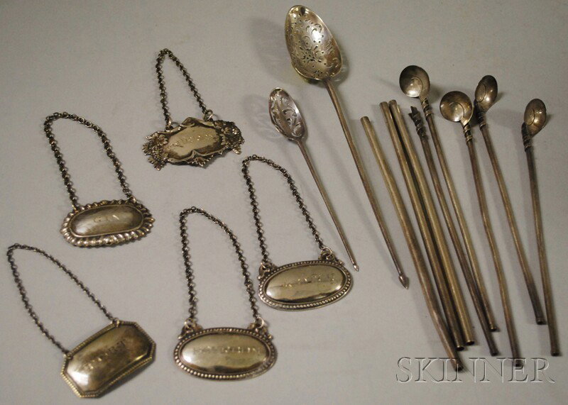 Small Group of Mostly Sterling Silver Bottle Ticke: Small Group of Mostly Sterling Silver Bottle Tickets and Spoons, including a set of four Mexican sterling straw/spoons and a similar group of four straws, two pierced English silver spoons, and five a