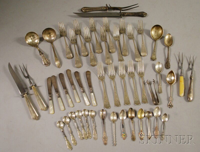 Group of Sterling and Coin Silver and Silver-plate: Group of Sterling and Coin Silver and Silver-plated Flatware, including twelve George Sharp forks, a set of six mother-of-pearl-handled spreaders, several souvenir spoons, a number of carving implemen