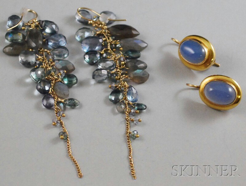 Two Pairs of Earrings, a pair of 18kt gold and blu: Two Pairs of Earrings, a pair of 18kt gold and blue chalcedony earrings, and a pair of multicolored labradorite cluster earpendants, lg. 1 and 3 7/8 in., respectively.