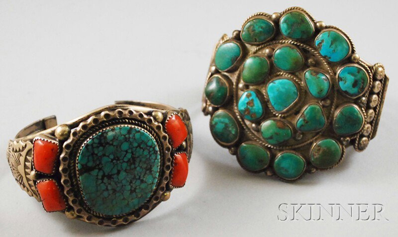 Two Southwest-style Silver and Hardstone Cuffs, on: Two Southwest-style Silver and Hardstone Cuffs, one set with turquoise, the other with turquoise and carnelian.