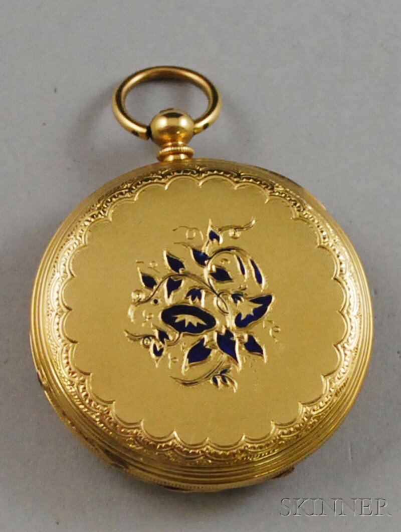 18kt Gold and Enamel Hunting Case Pocket Watch, Fr: 18kt Gold and Enamel Hunting Case Pocket Watch, French Morris & Co., London, the case decorated with royal blue enamel stylized foliate designs to front and back, case no. 5392, total 34.3 g, dia. 1 3