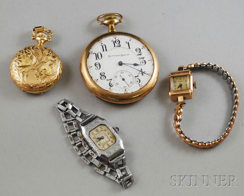 Four Pocket and Wristwatches, a small 14kt gold Il: Four Pocket and Wristwatches, a small 14kt gold Illinois hunting case pocket watch, a Burlington Special open-face gold-filled pocket watch, a 14kt rose gold Cort wristwatch on stainless steel band, a