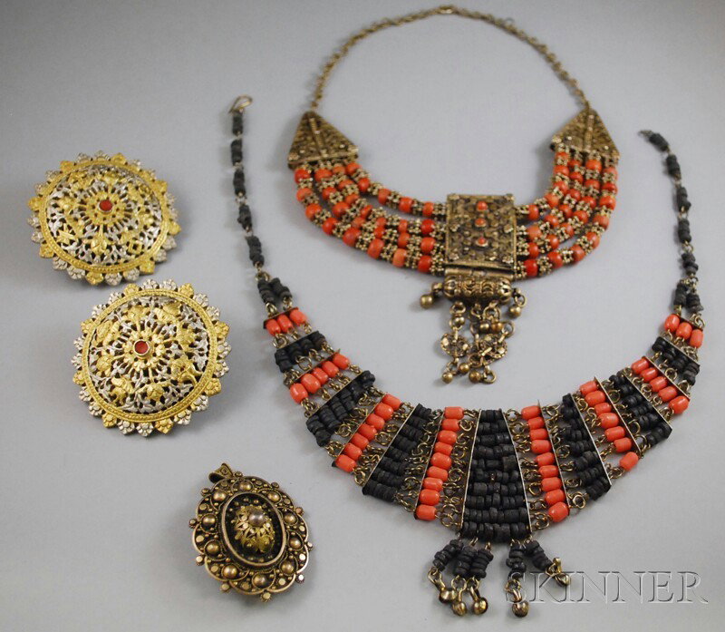 Small Group of International Jewelry, an Indian-st: Small Group of International Jewelry, an Indian-style necklace, a beaded collar (minor losses), a silver-gilt Israeli brooch, and a pair of Indian-style buttons or slides.