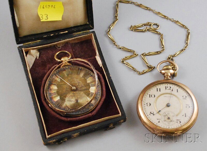 Two Open-face Pocket Watches, an 18kt gold English: Two Open-face Pocket Watches, an 18kt gold English watch (broken, damaged), boxed, and a gold-filled Waltham.
