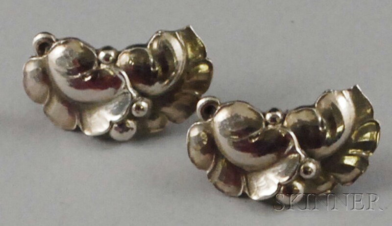 Pair of Sterling Silver Earrings, Georg Jensen, de: Pair of Sterling Silver Earrings, Georg Jensen, designed as foliate motifs, marked 50A and signed Georg Jensen in a circle of dots, Denmark.