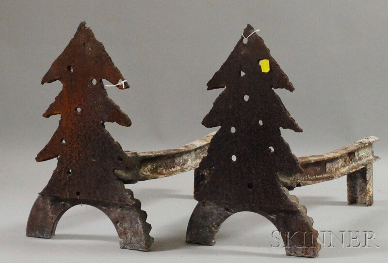 Pair of Folk Art Cut and Pierced Sheet Iron Pine T: Pair of Folk Art Cut and Pierced Sheet Iron Pine Tree Andirons, ht. 15, wd. 10, lg. 22 1/2 in. Provenance: Estate of Susan Parrish.